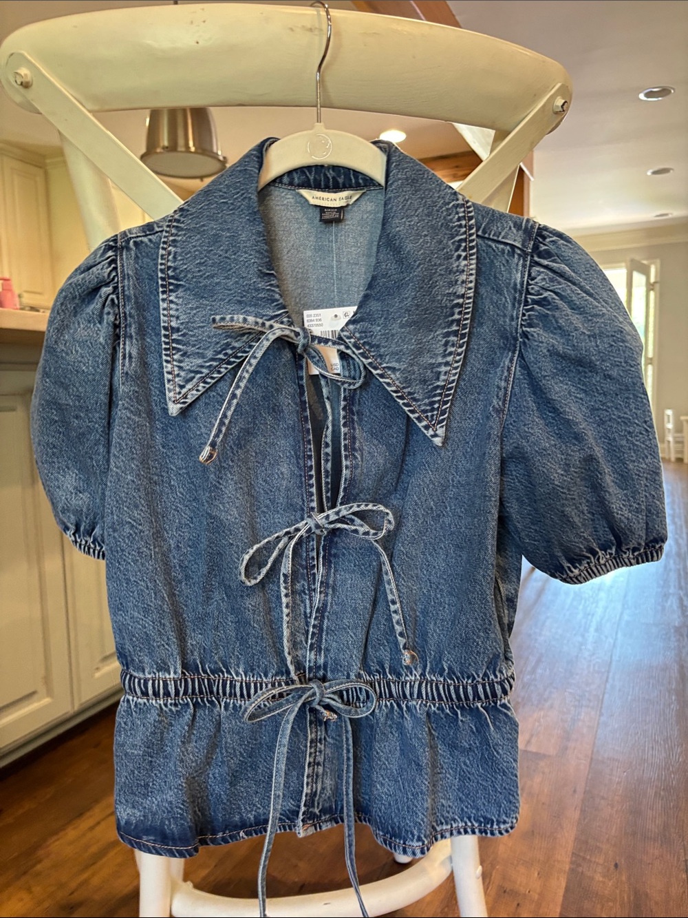 American Eagle Outfitters Blue Denim Tie-Front Puff Sleeve Top